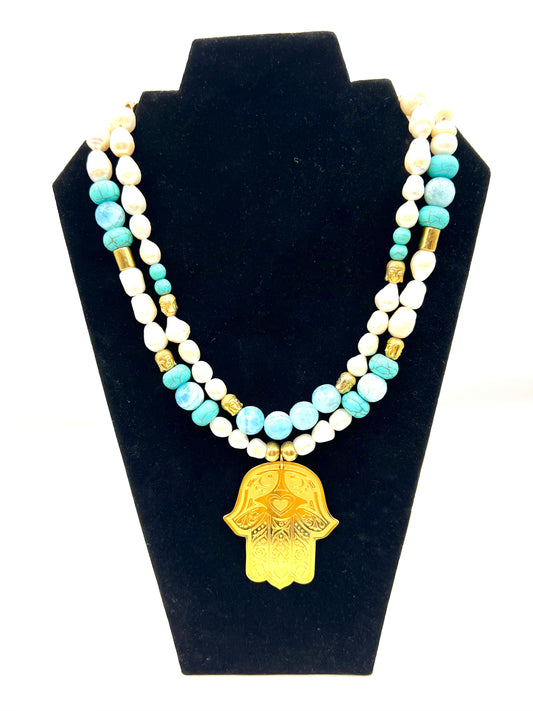 Large Statement Necklace Pearl, Turquoise, Blue Agate Crystals Buddha and Gold Hamsa Hand Bib Crystal Jewelry