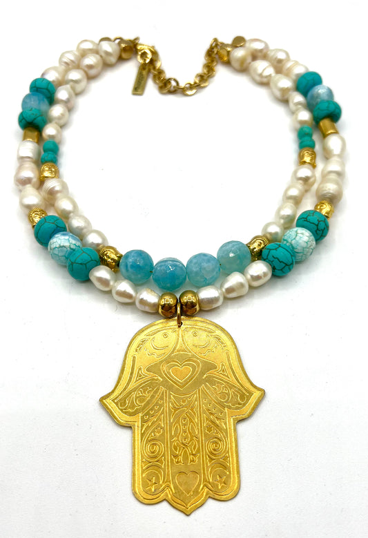 Large Statement Necklace Pearl, Turquoise, Blue Agate Crystals Buddha and Gold Hamsa Hand Bib Crystal Jewelry