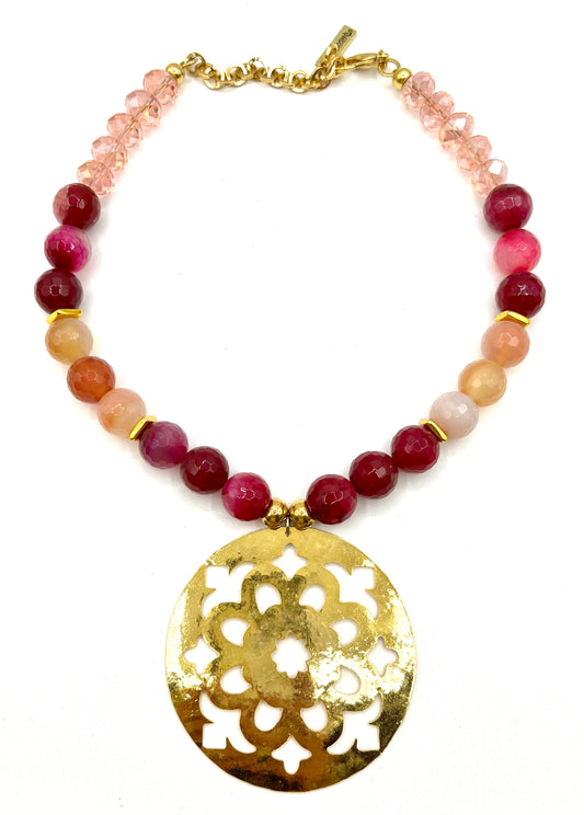 Pink Agate Crystal Statement Necklace Large Gold Pendant Bib