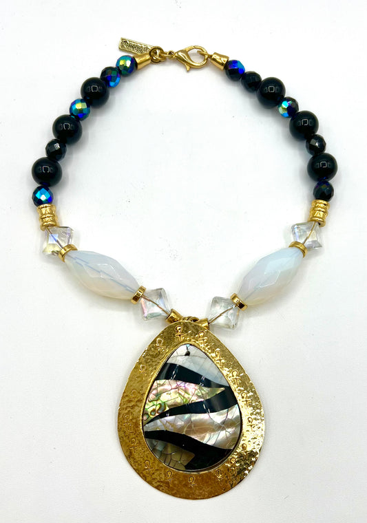 Large Bic Crystal Hand Made Necklace Ophiolite Abalone Shells, Obsidian, clear quartz Statement Large pendant gold