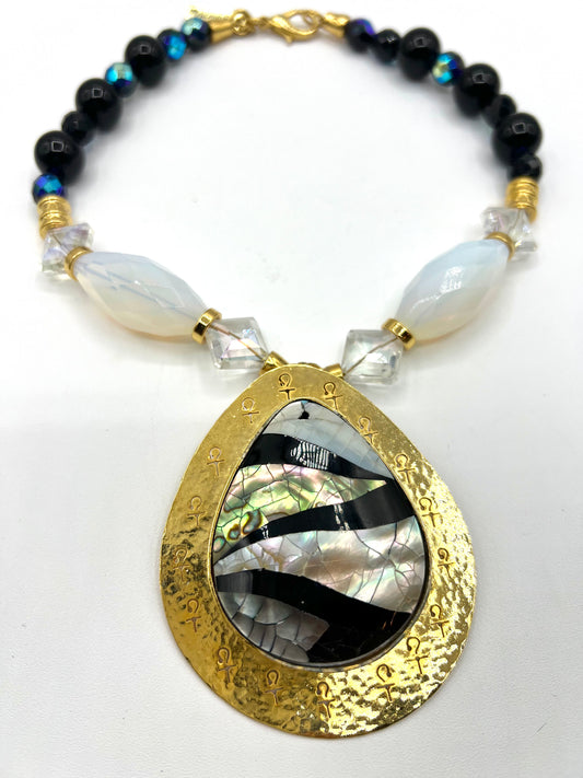 Large Bic Crystal Hand Made Necklace Ophiolite Abalone Shells, Obsidian, clear quartz Statement Large pendant gold