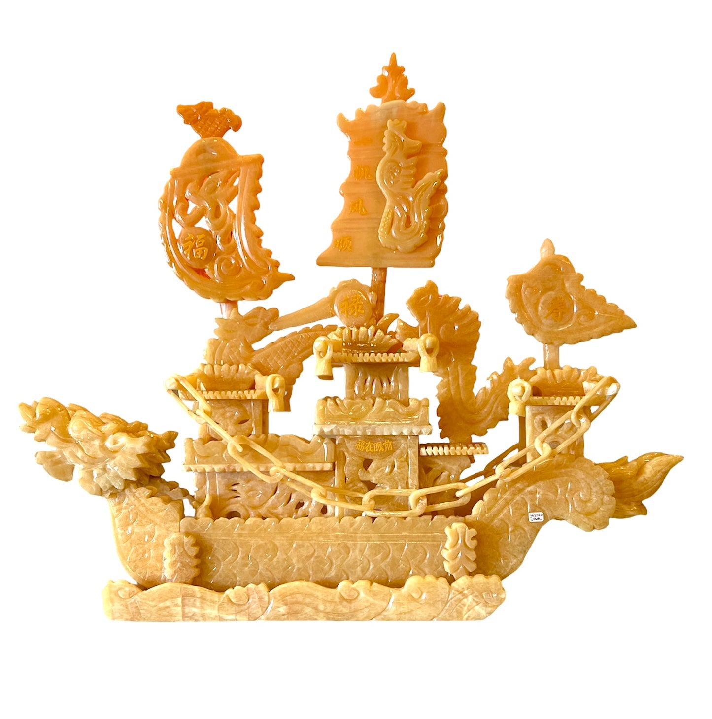 Yellow Jade Hand Craved Dragon Boat For Prosperity Good Luck Home Decor Table top