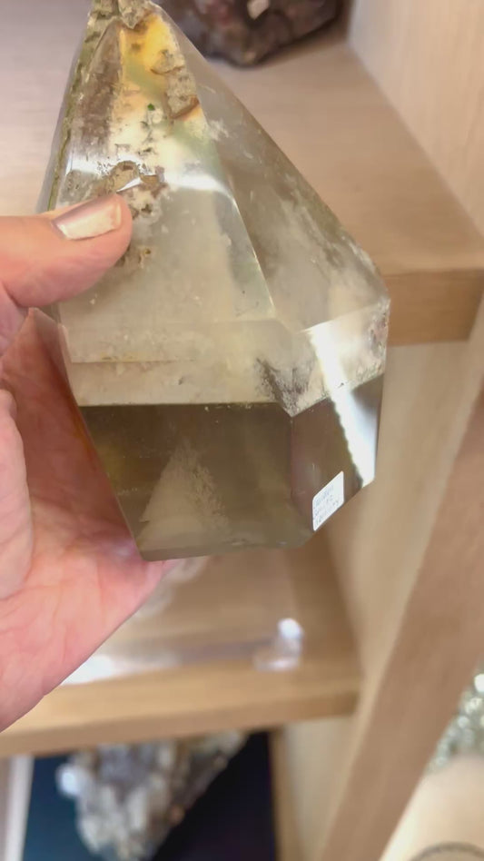 Large Natural Garden Quartz Lodolite Crystal Freeform – Polished Scenic Inclusion Statement Stone
