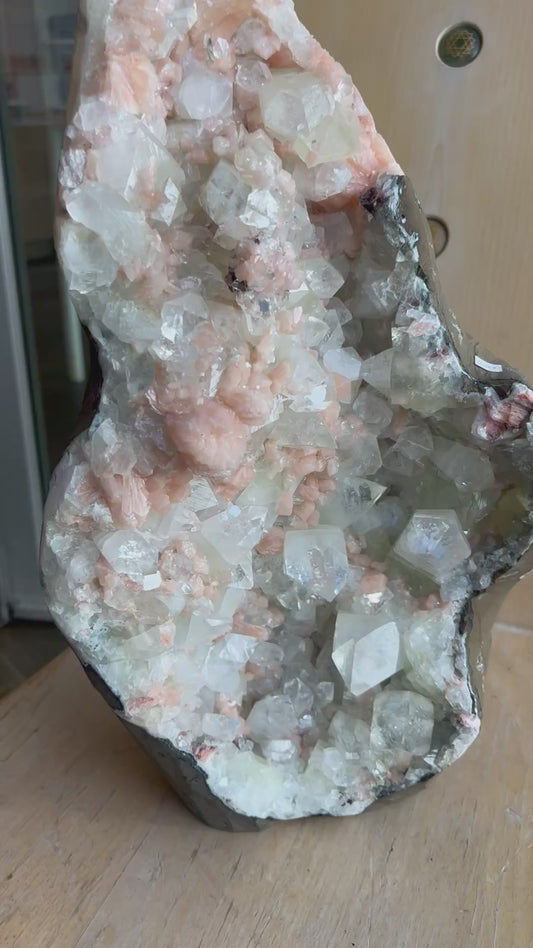 Large Pink Apophyllite & Stilbite Crystal Geode – Natural Healing Crystal Home Décor