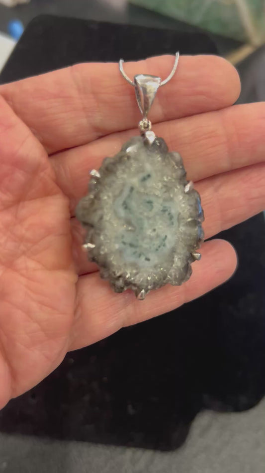 925 Sterling Silver Natural Solar Quartz Druzy Pendant | Stalactite Quartz Slice | One-of-a-Kind Crystal Necklace