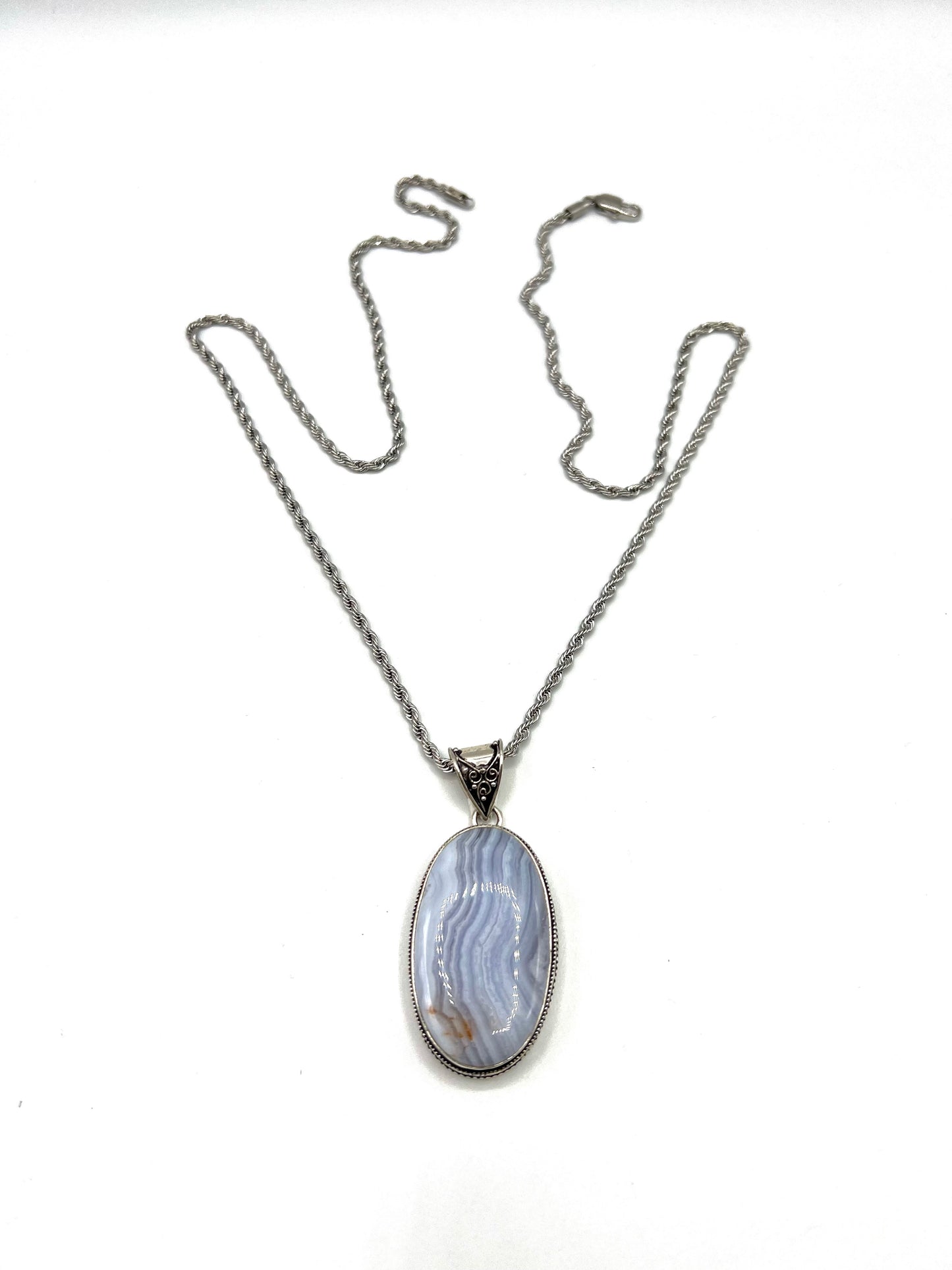 Blue Lace Agate  Sterling Silver Necklace large Pendant Charm Oval Women Or Men