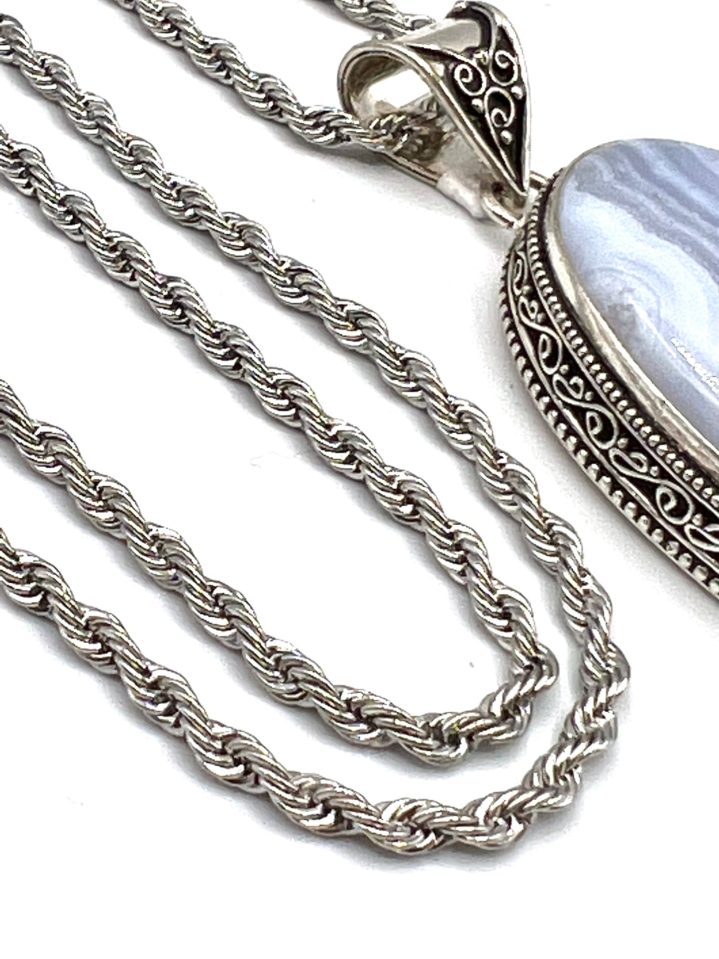 Blue Lace Agate  Sterling Silver Necklace large Pendant Charm Oval Women Or Men