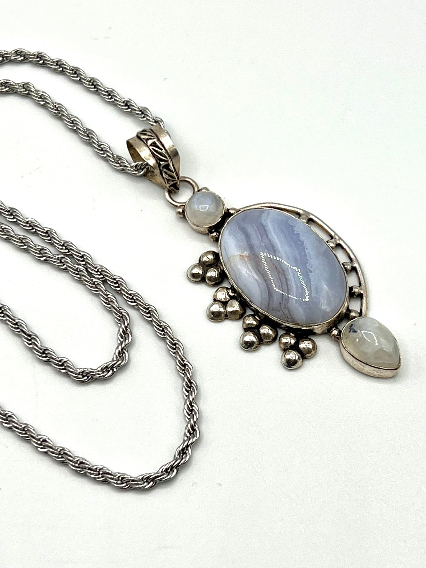 Blue Lace Agate  Sterling Silver Necklace large Pendant Charm Oval Women Or Men with Rope cahin