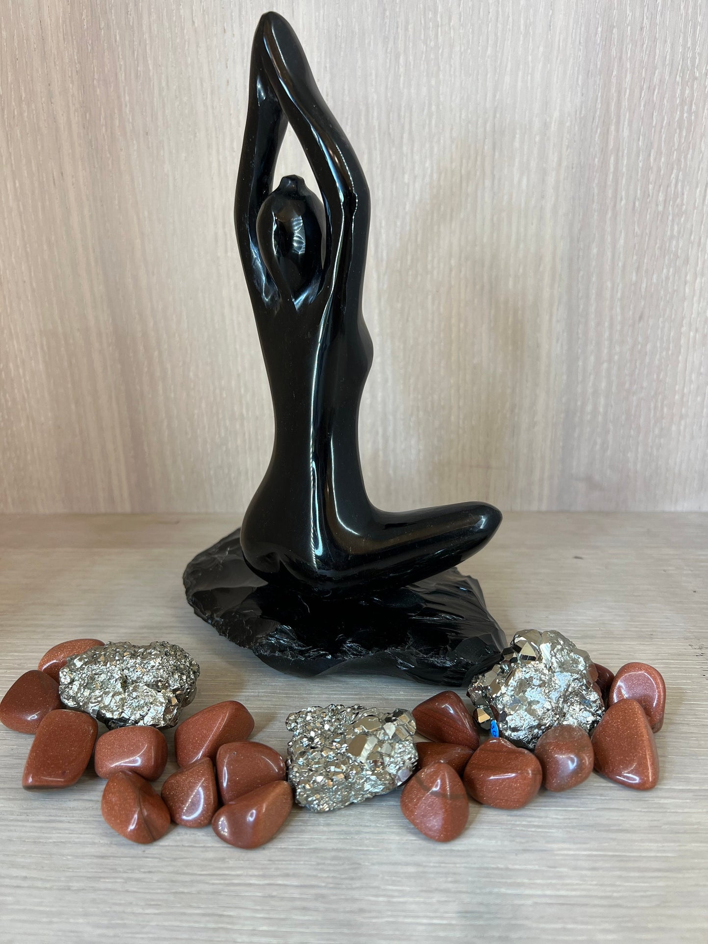 Black Obsidian Crystal Tabletop sculpture Meditating Women  Polished Stone Release Trauma - Negative Energy - Pain - Emotional Damage