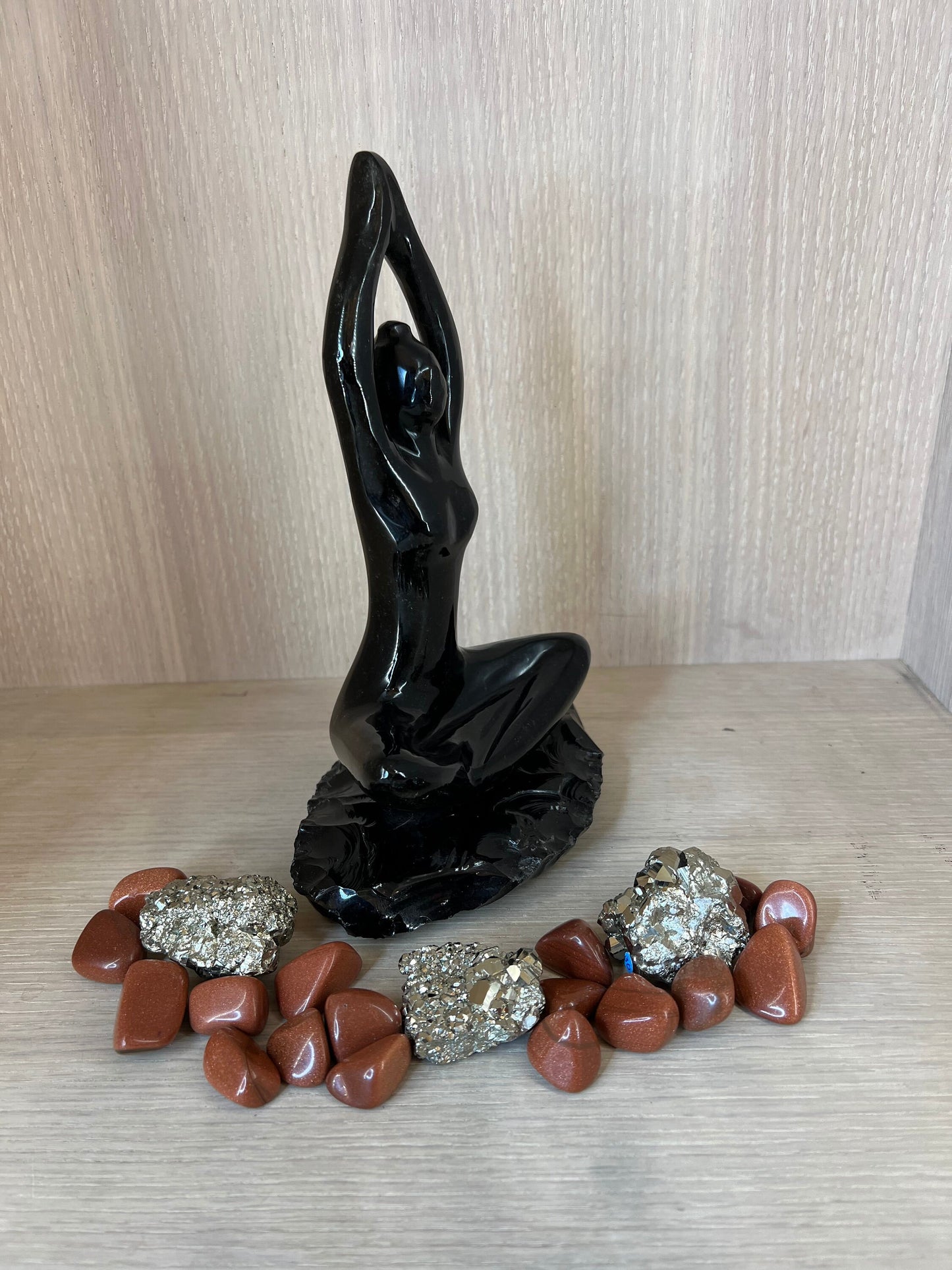Black Obsidian Crystal Tabletop sculpture Meditating Women  Polished Stone Release Trauma - Negative Energy - Pain - Emotional Damage