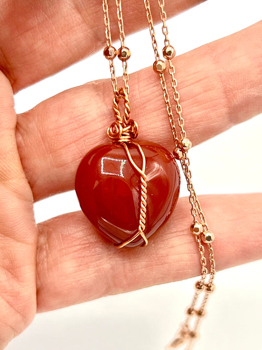 Carnelian Crystal Wire Wrapped Necklace with Rose Gold dipped silver chain pendant Charm Heart