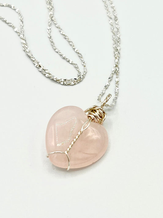 Healing Crystal Necklaces Rose Quartz Pendant Wire wrapped with sterling silver chain pink Heart Love Gift