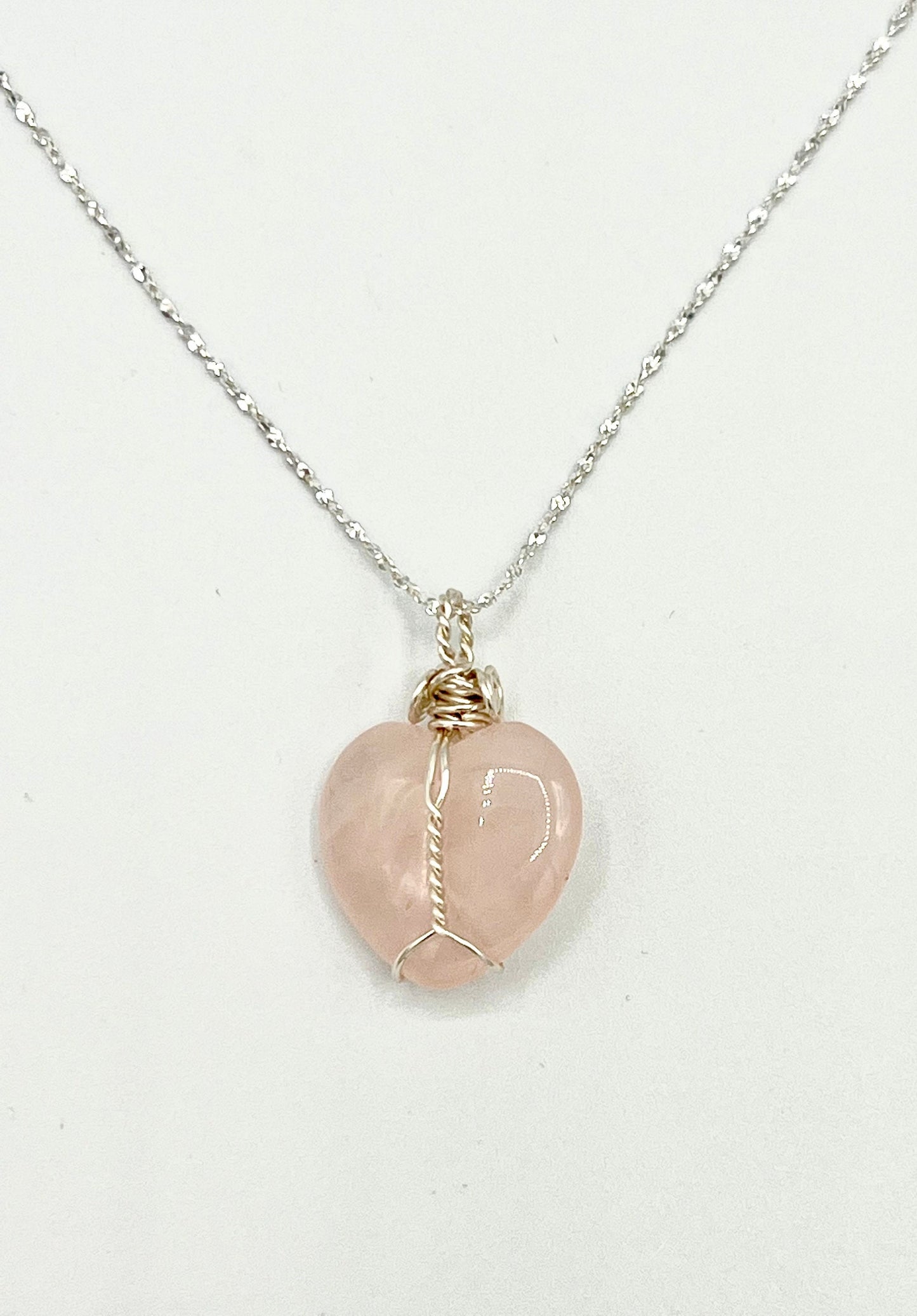 Healing Crystal Necklaces Rose Quartz Pendant Wire wrapped with sterling silver chain pink Heart Love Gift