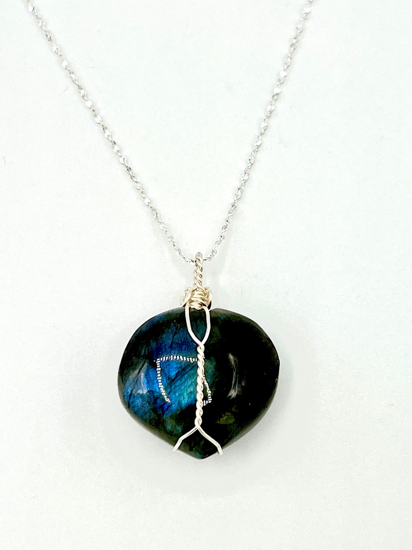 Labradorite Heart Shape Pendant Wired w/ sterling silver Chain, Heart Pendant, Labradorite Necklace, Heart Dangle Pendant, Healing Necklace